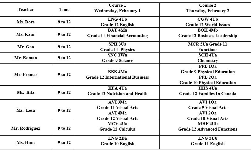 Winter Exam Schedule